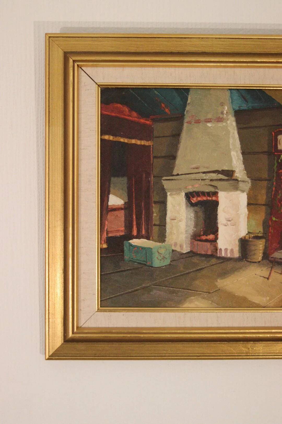Huile sur toile suédoise originale du milieu du siècle – cheminée de cuisine