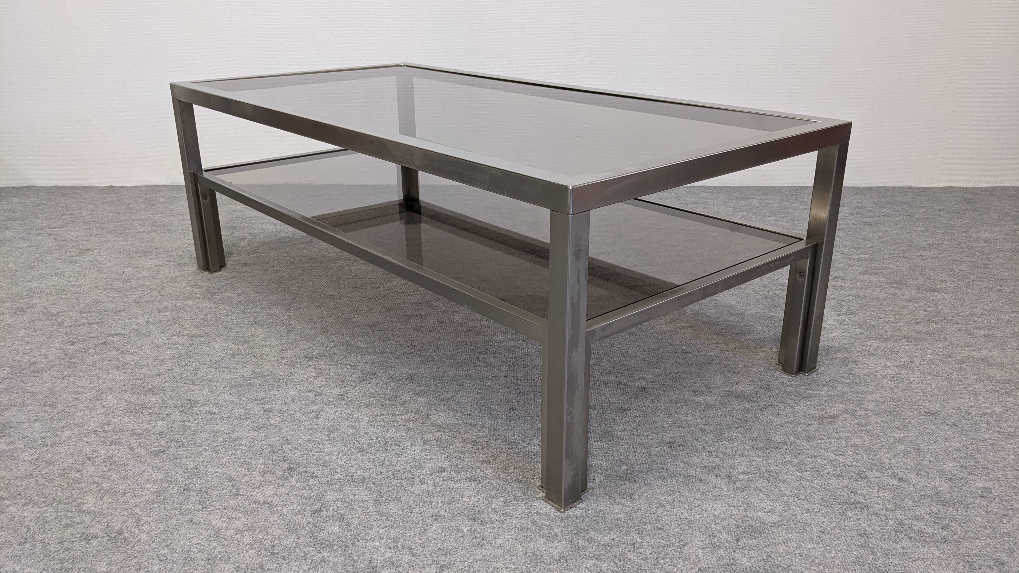 Table basse à 2 plateaux en inox brossé et verre fumé, France vers 1970