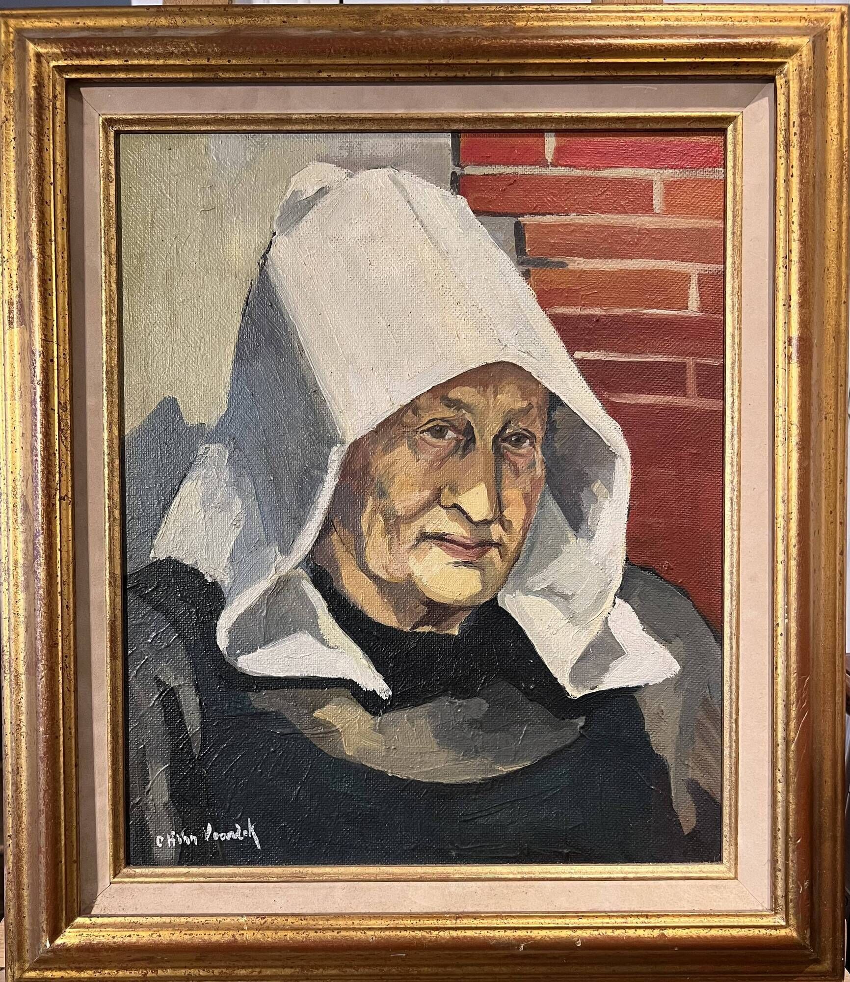 Portrait painting Breton woman with white headdress