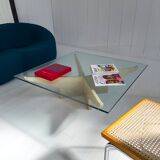 table basse en verre et travertin par Claude Berraldacci