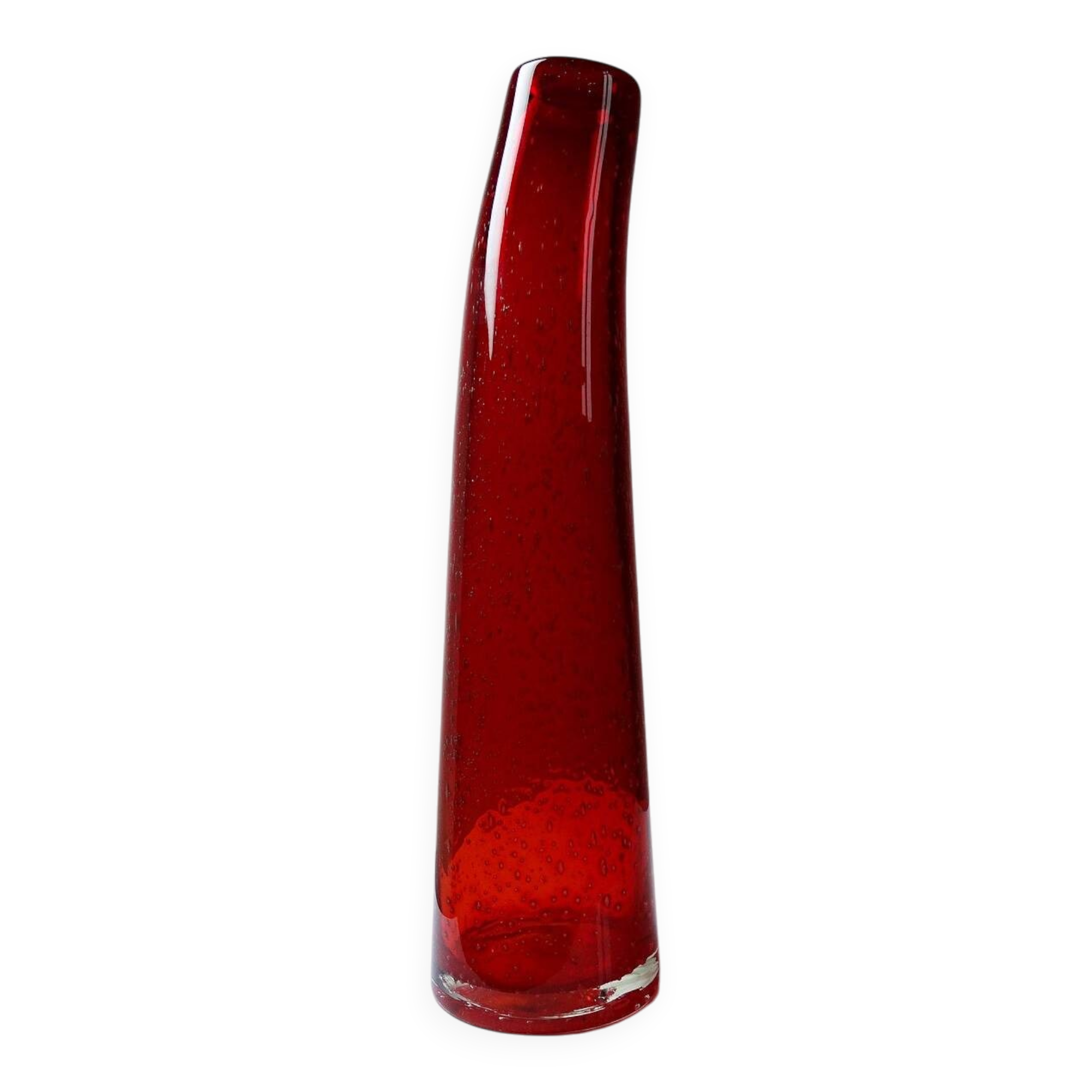Red blown glass bubble tube vase in Murano style, vintage 80s-90s.