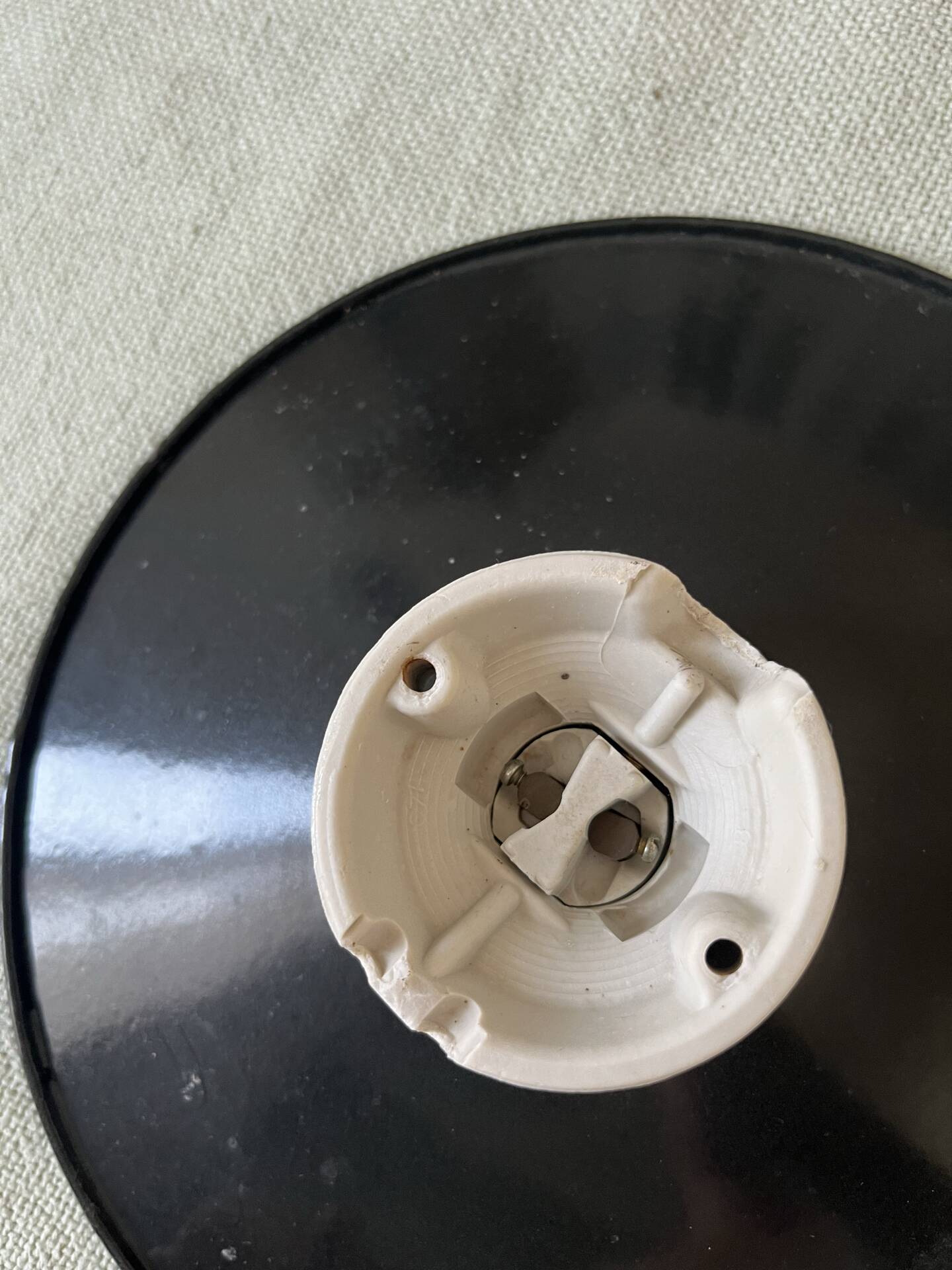 Vintage industrial reflector lampshade in black enamelled sheet metal & socket
