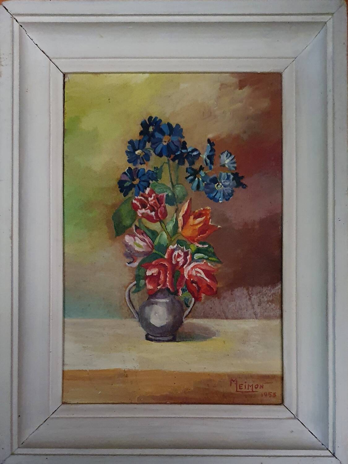 Oil painting on wood of wild flowers signed Meimon.