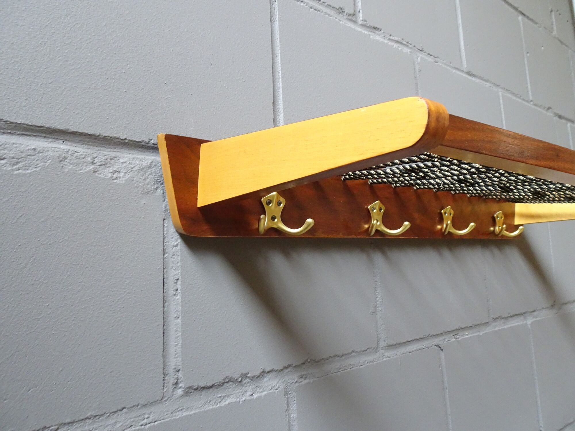 Wall coat rack with hat shelf made of wood and cords, Mid Century coat rack
