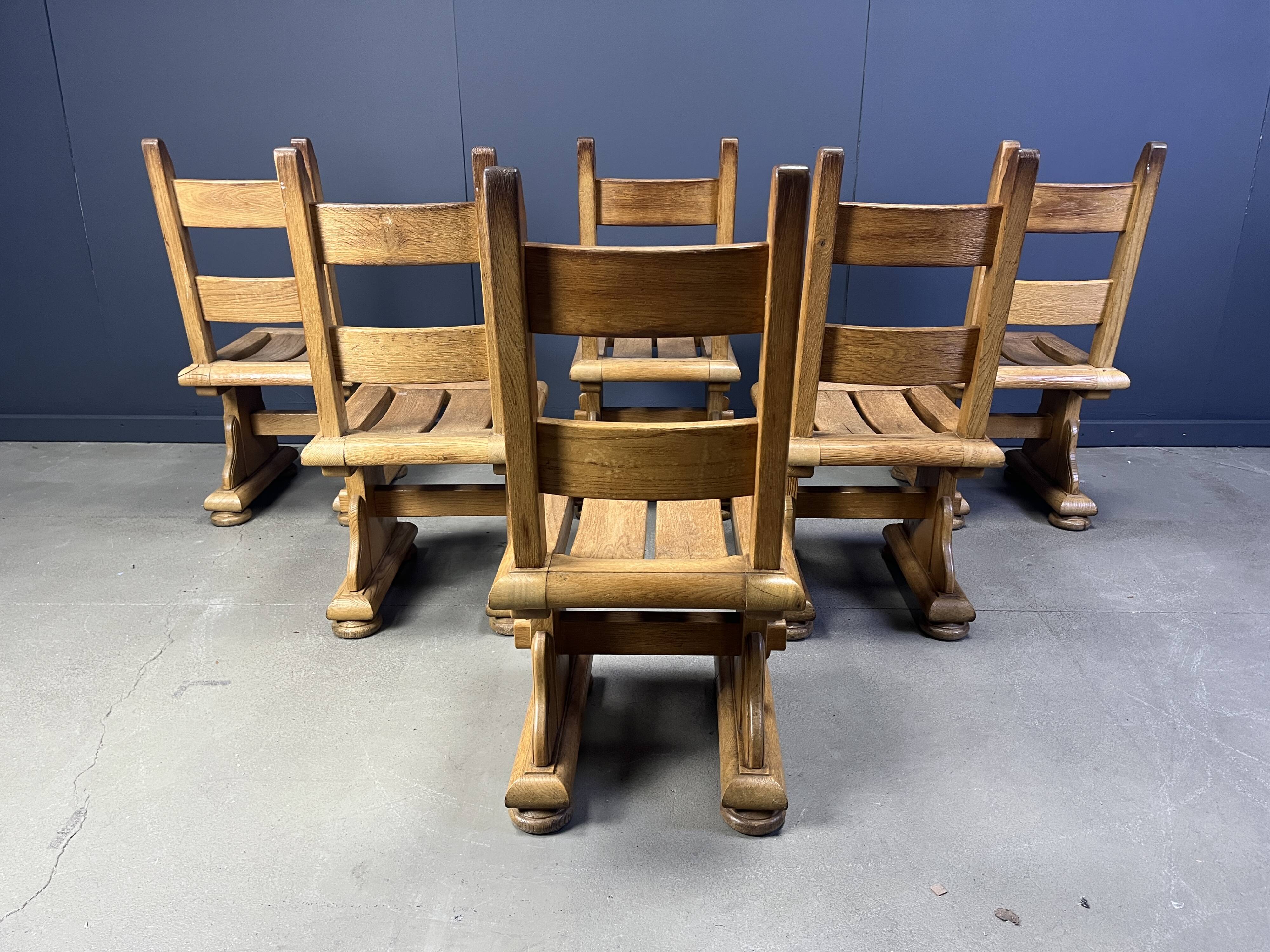 Solid oak brutalist dining chairs, 1960s
