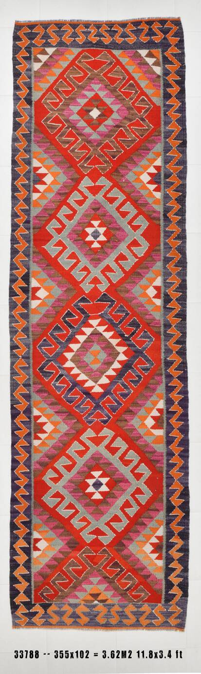 3x12 Kilim Red & Purple  Runner Rug, 102x355Cm