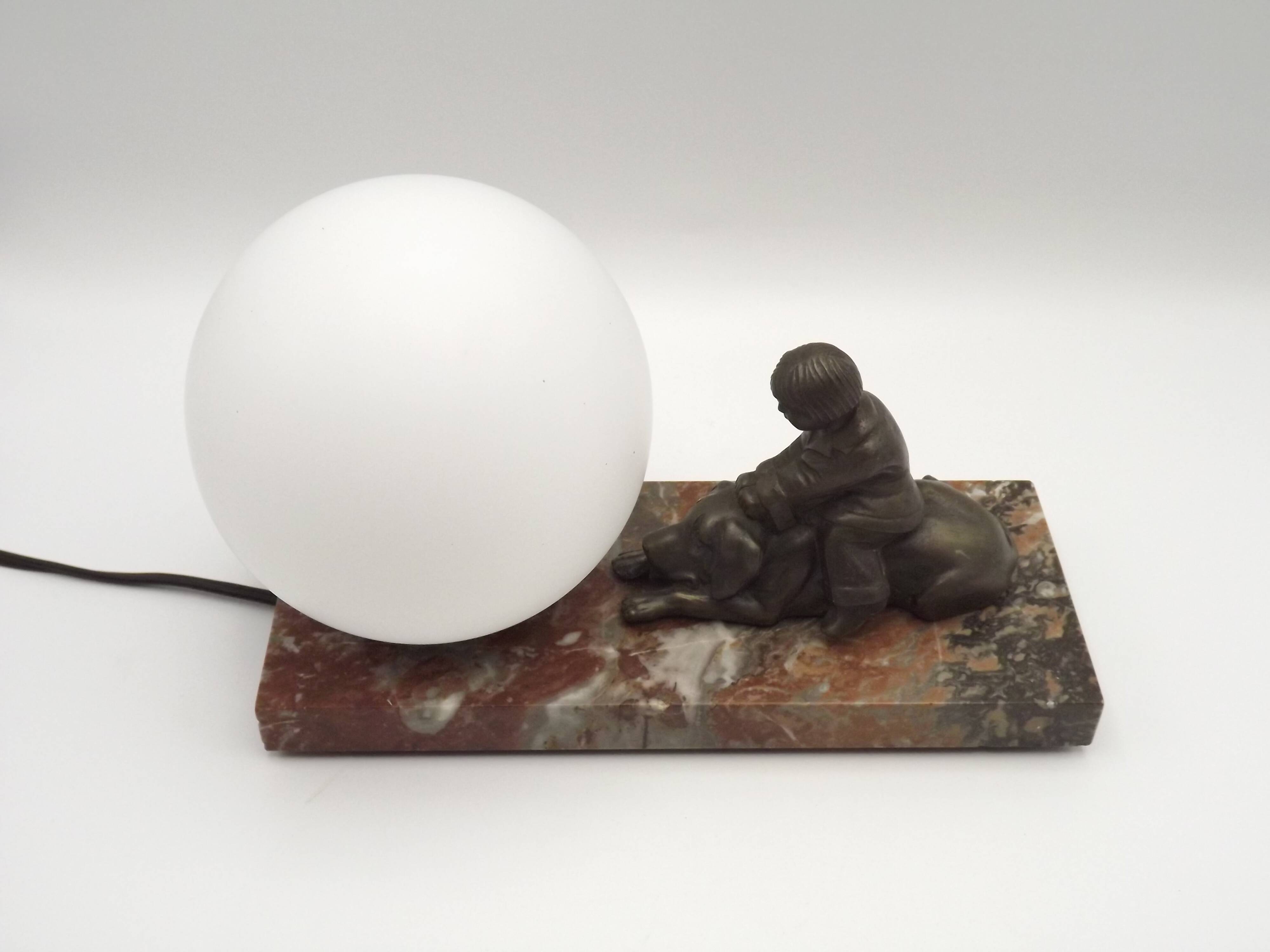French Art Deco Table Lamp Vintage Dog & Child Figure Opaline Glass Shade