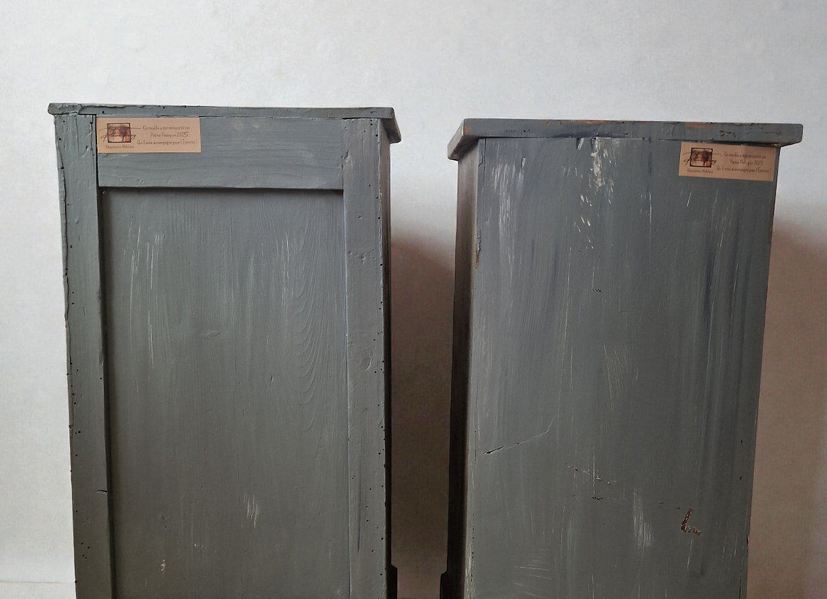 Pair of antique bedside tables with a green patina