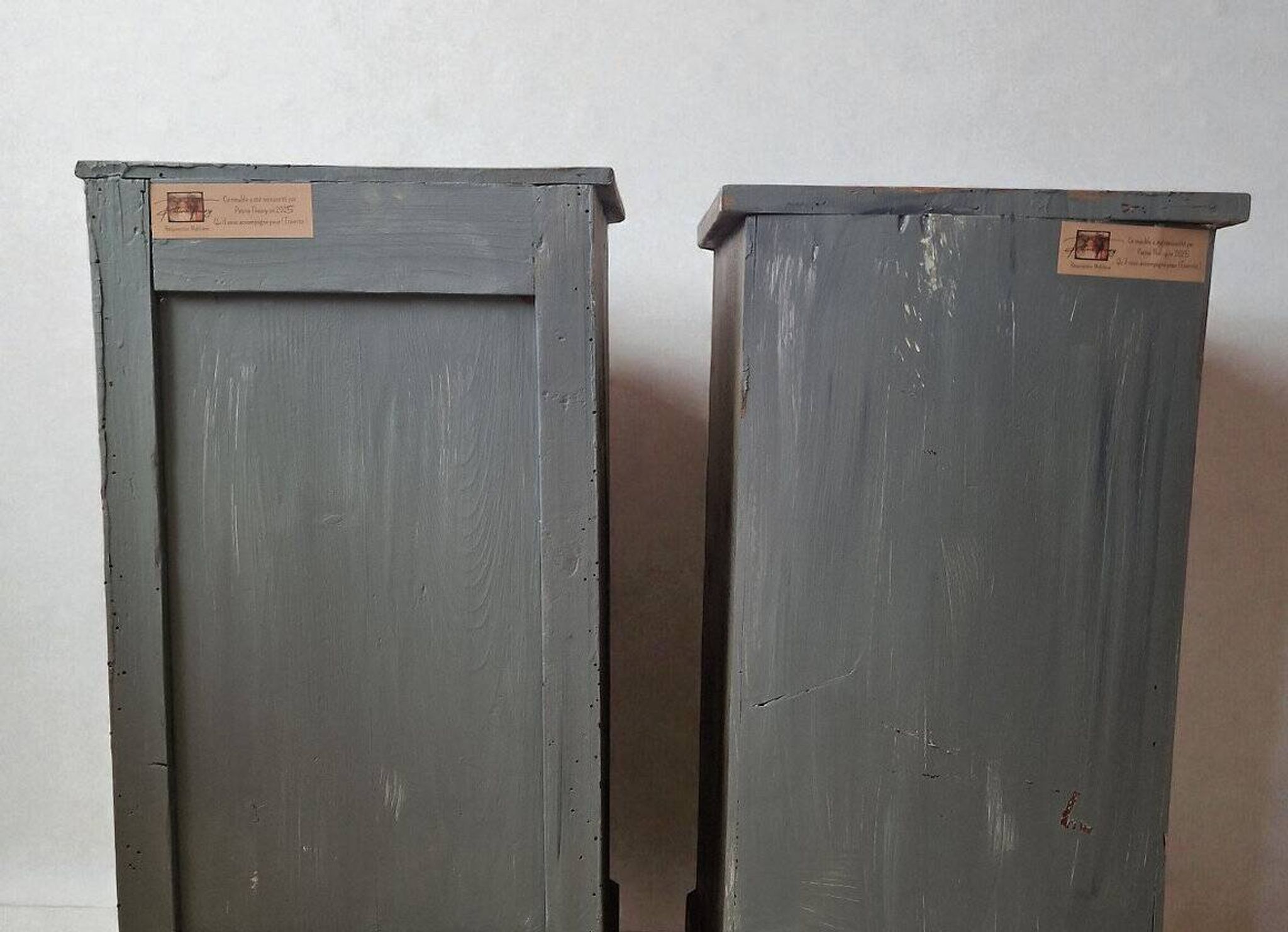Pair of antique bedside tables with a green patina