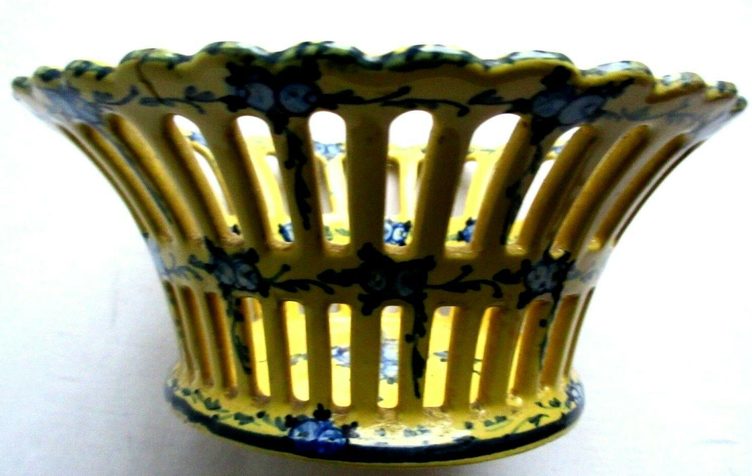 Malicorne cup, yellow enamel and blue flowers signed TE Emile Tessier