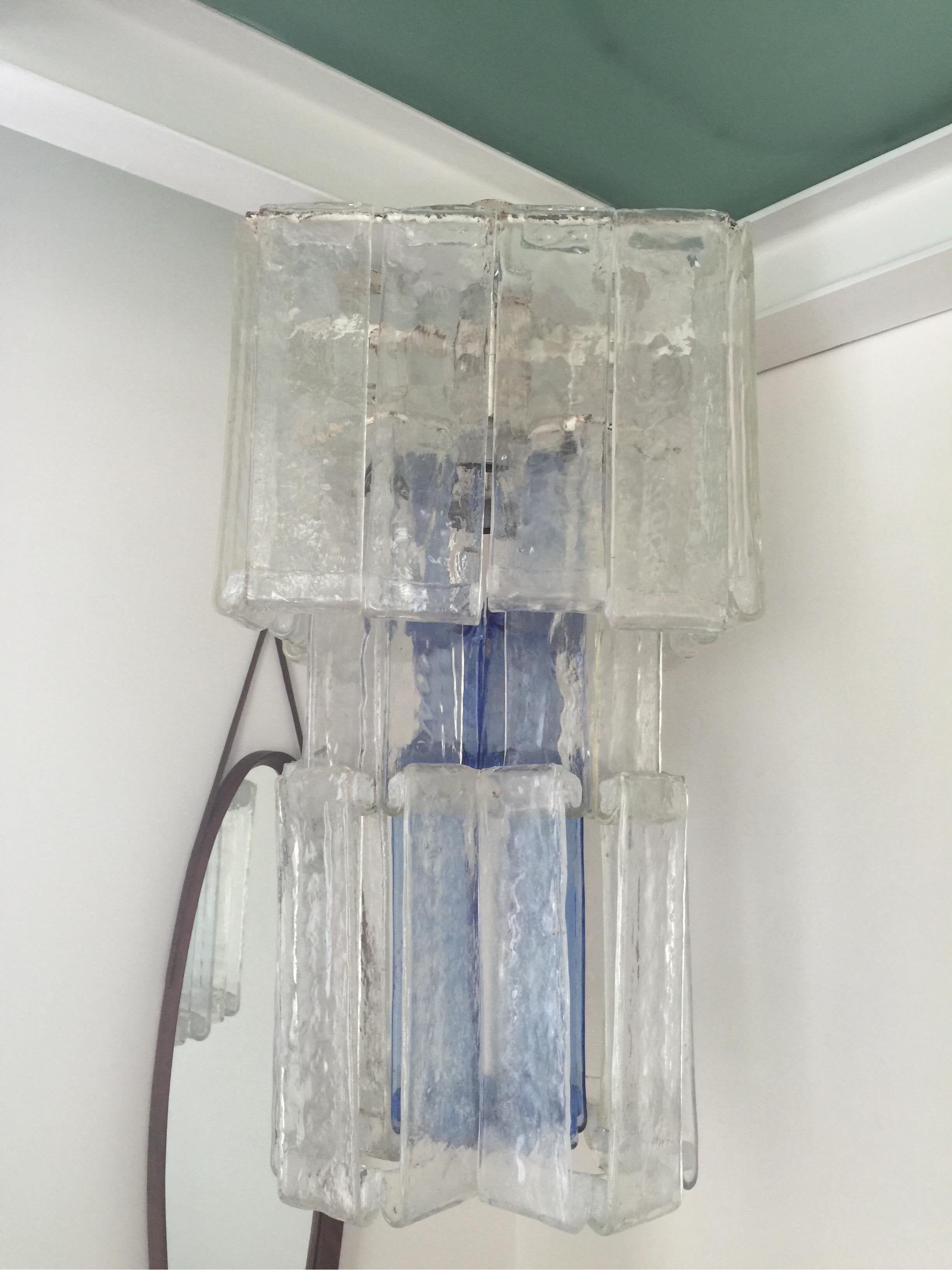 Lustre en verre clair et bleu de Fratelli Toso Murano années 1970