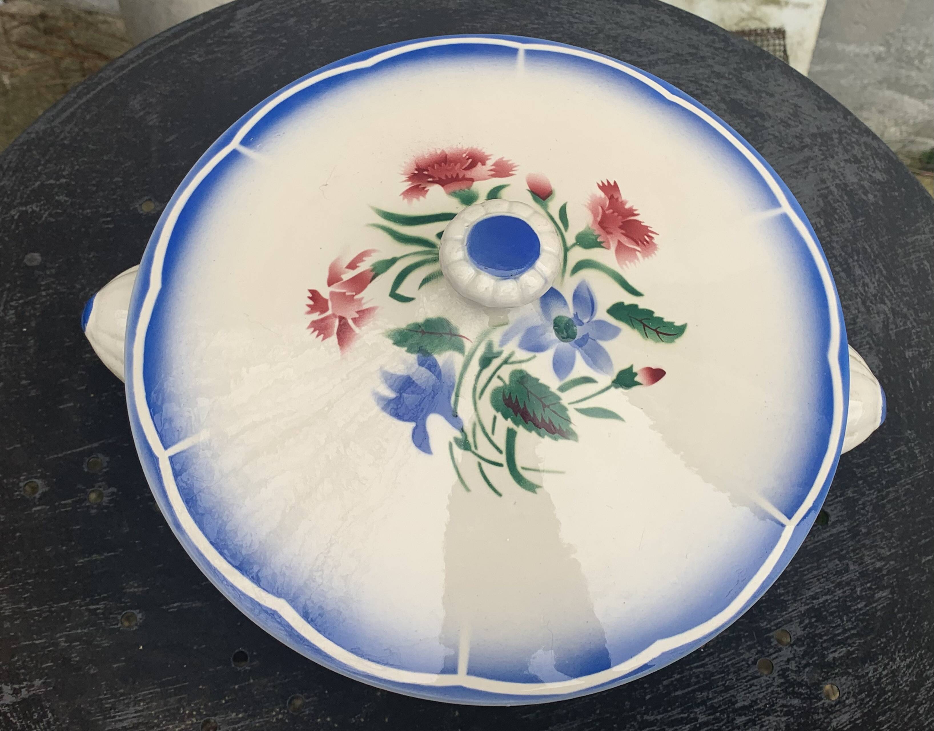 Soup tureen, Elorn model, Digoin and Sarreguemines, France, carnation motifs