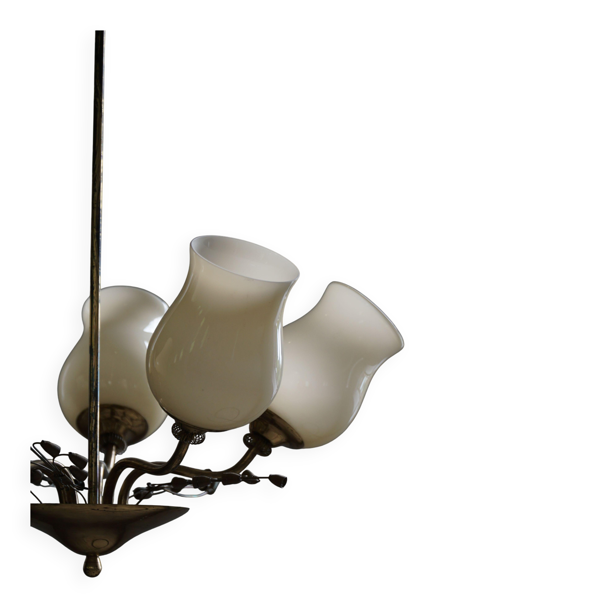 Brass and glass chandelier, Lisa Johansson-Pape for Stockmann, Finland, 1940s.