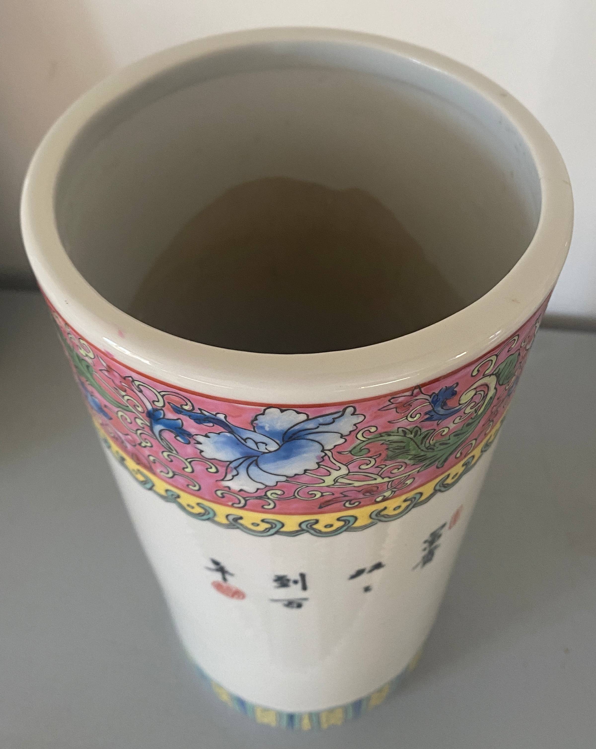 Vase enamelled ceramic roll china decorations of flowers birds Signed