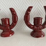 2 fifties red ceramic candle holders, horseshoe pattern