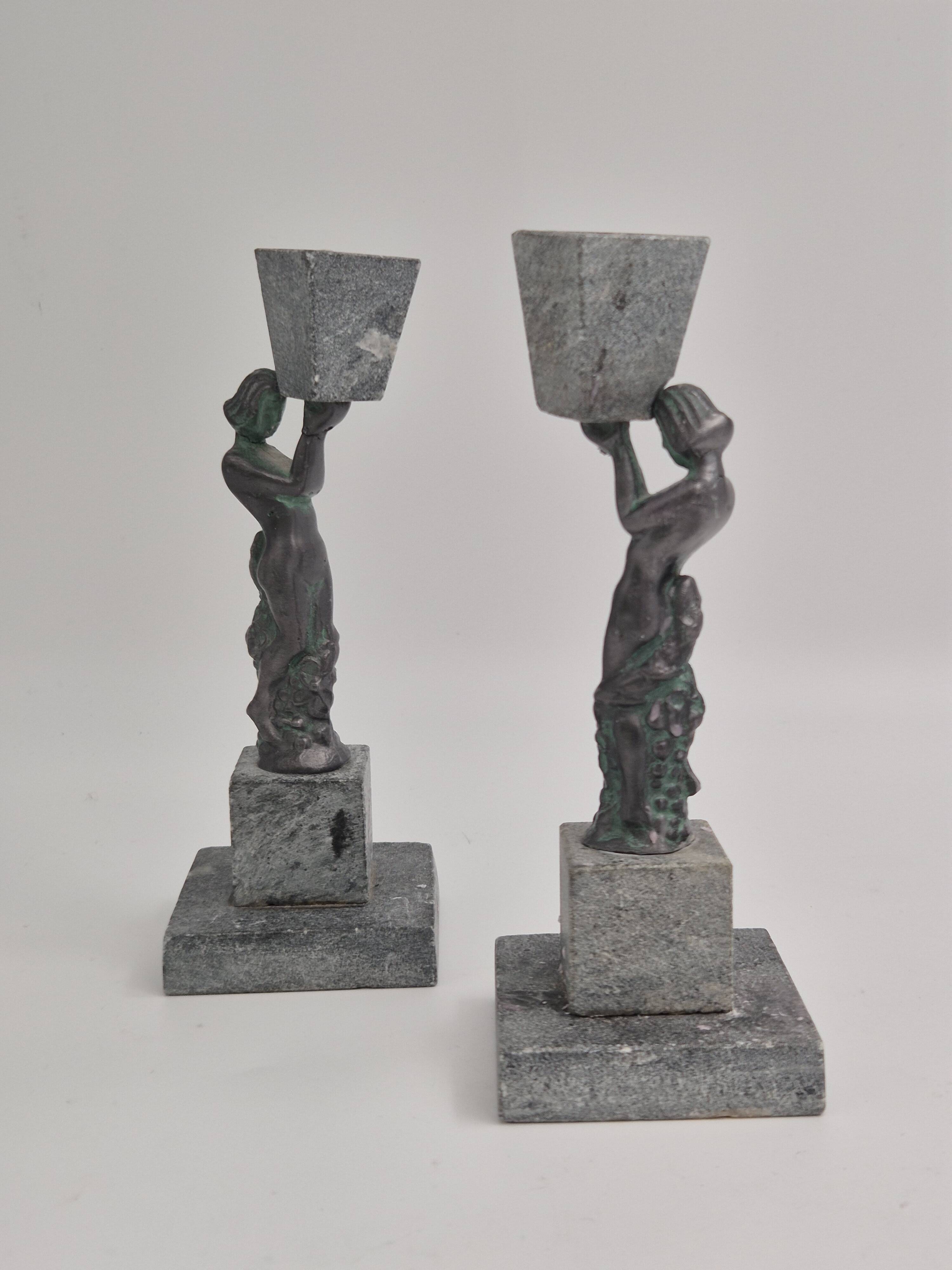 Rare decorative candlesticks in bronze and soapstone, Finland, Art Deco