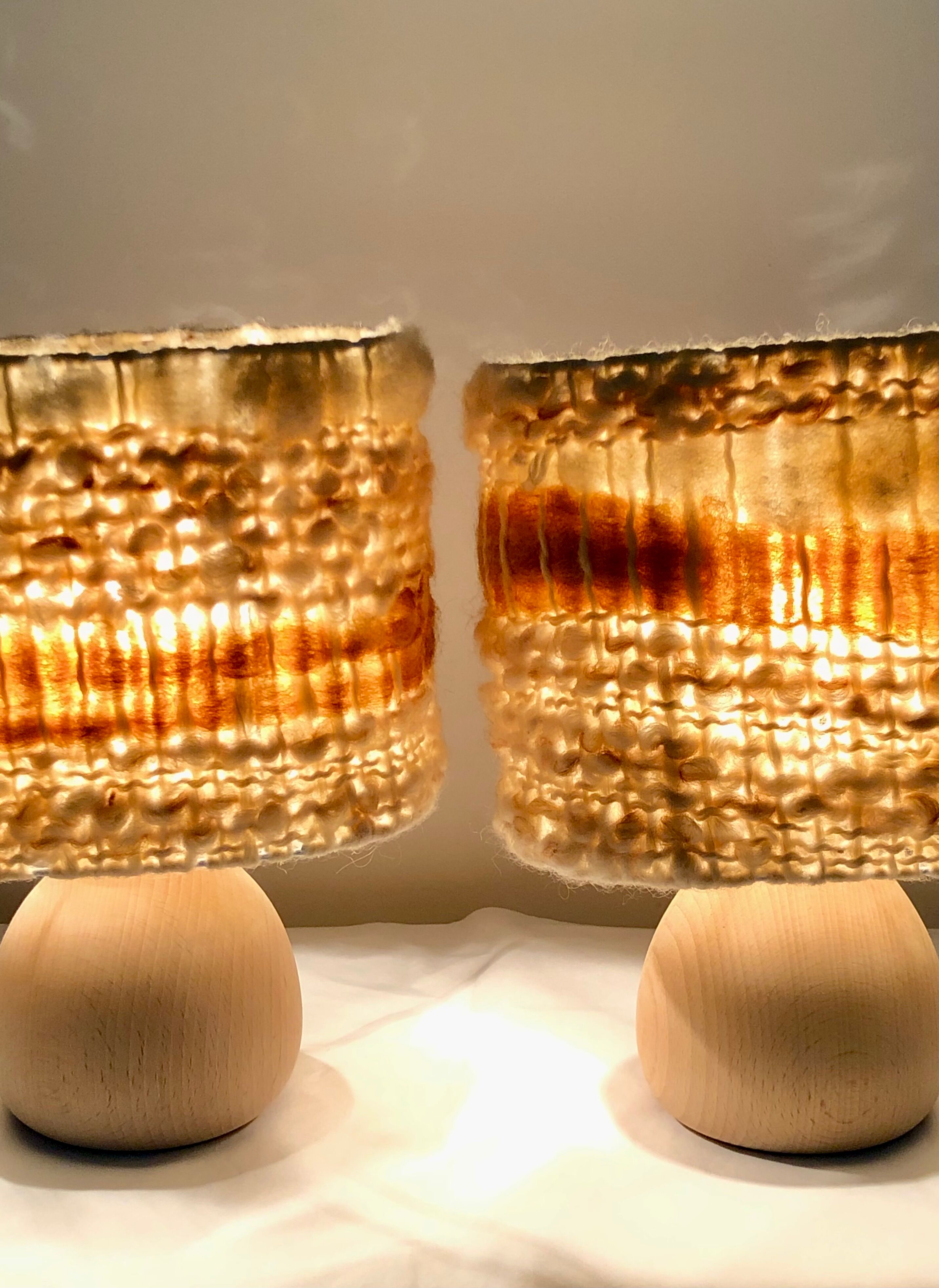 Vintage table lamps wood and wool, France 60s