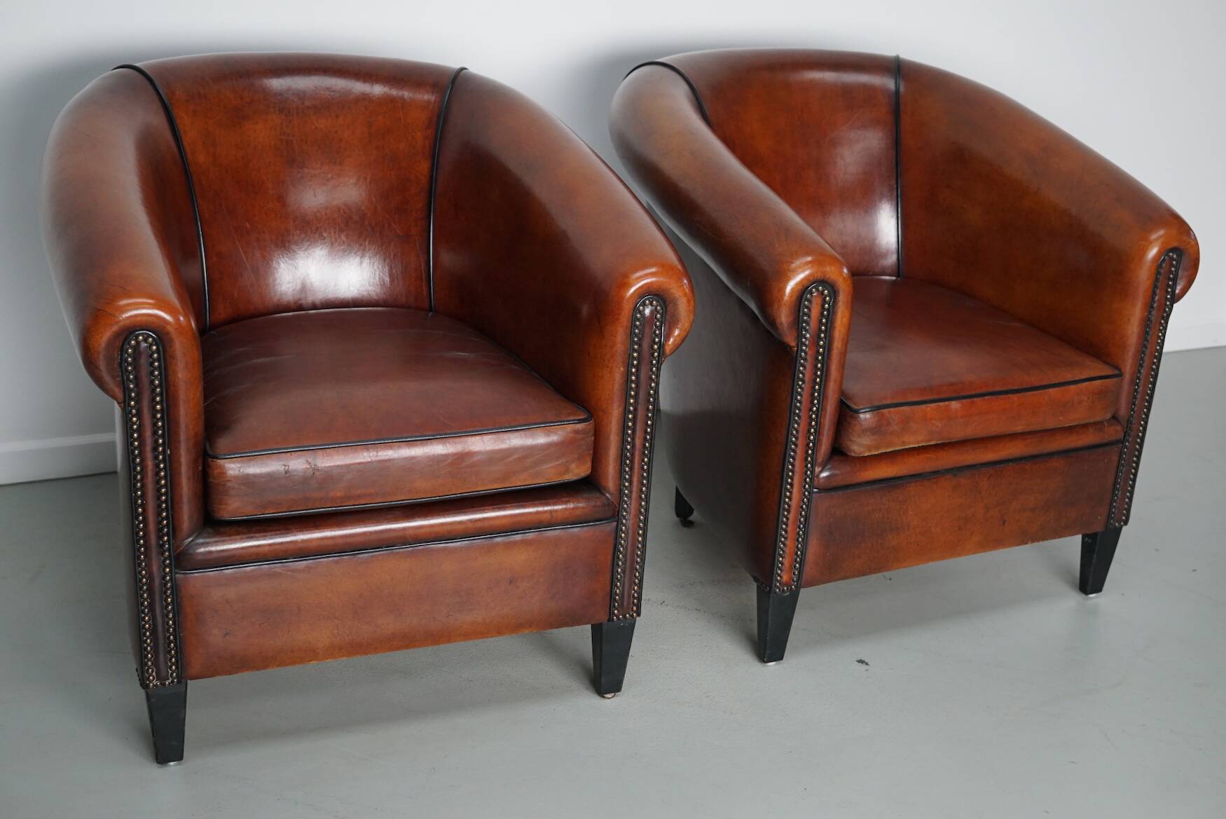 Vintage Dutch Cognac Leather Club Chairs, Set of 2
