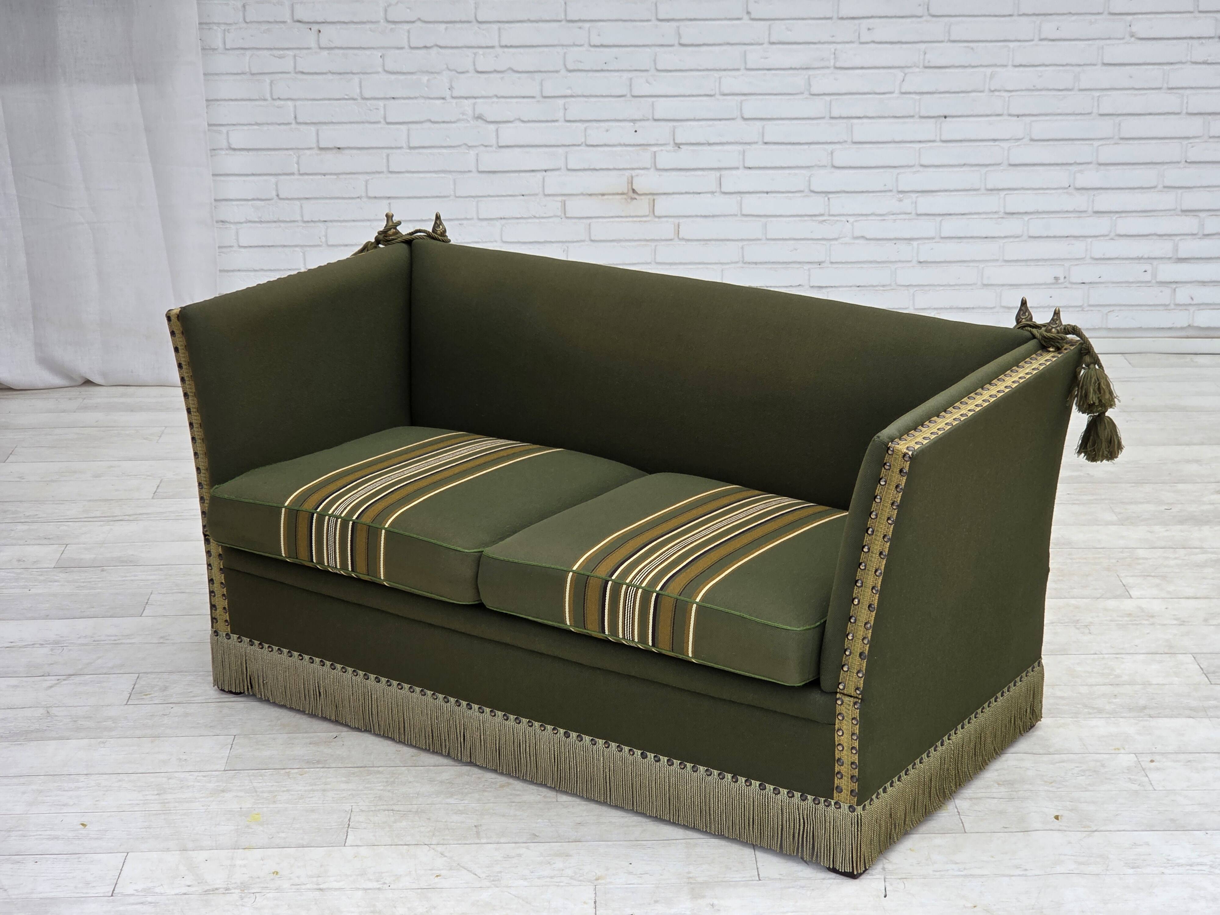 1970s, Danish 2-seater drop arm "Spanish" sofa, furniture wool.