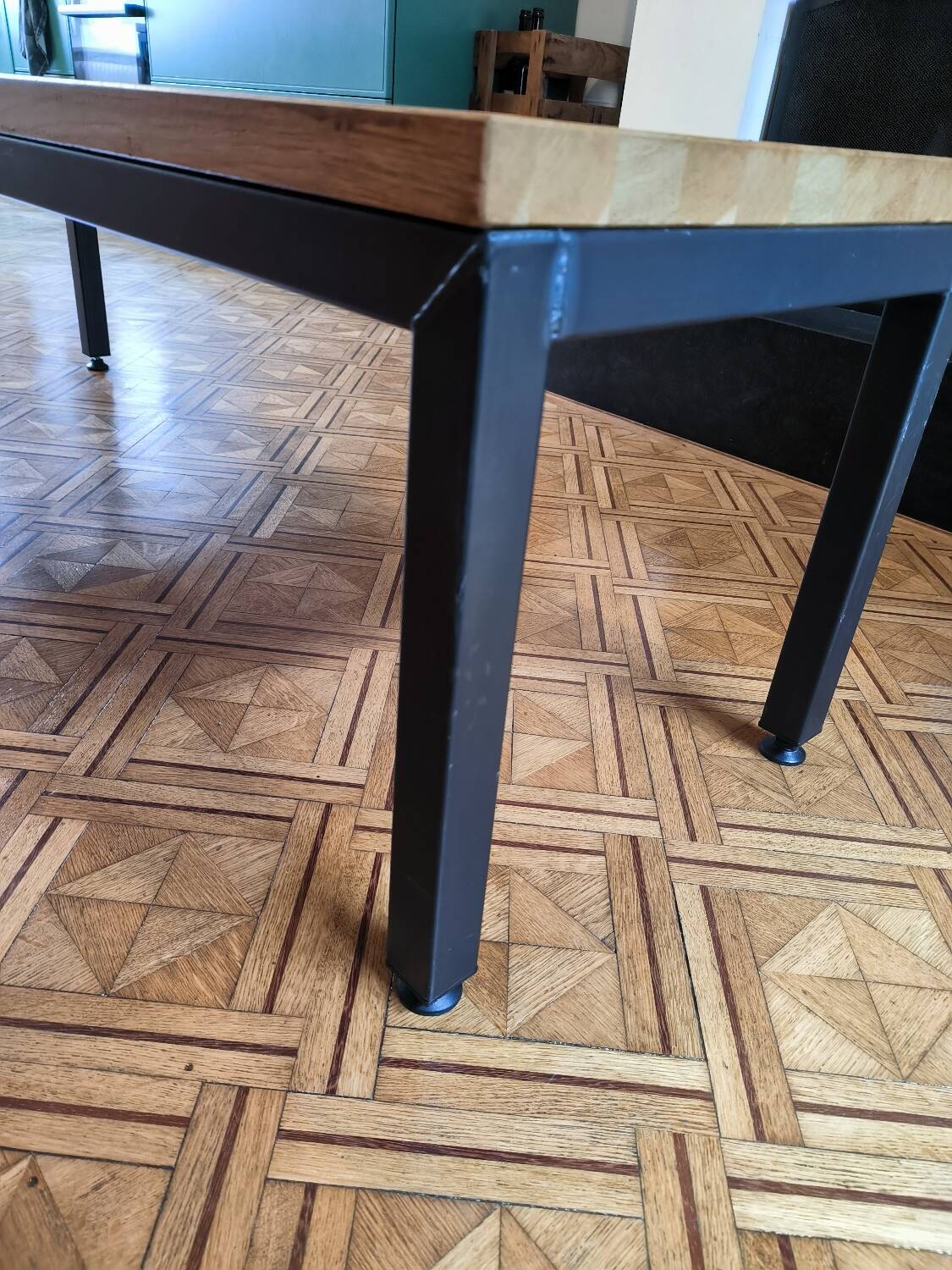 Large oak and steel bench