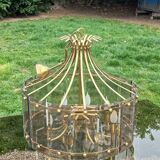 70s designer chandelier with smoked glass plates and gold metal frame