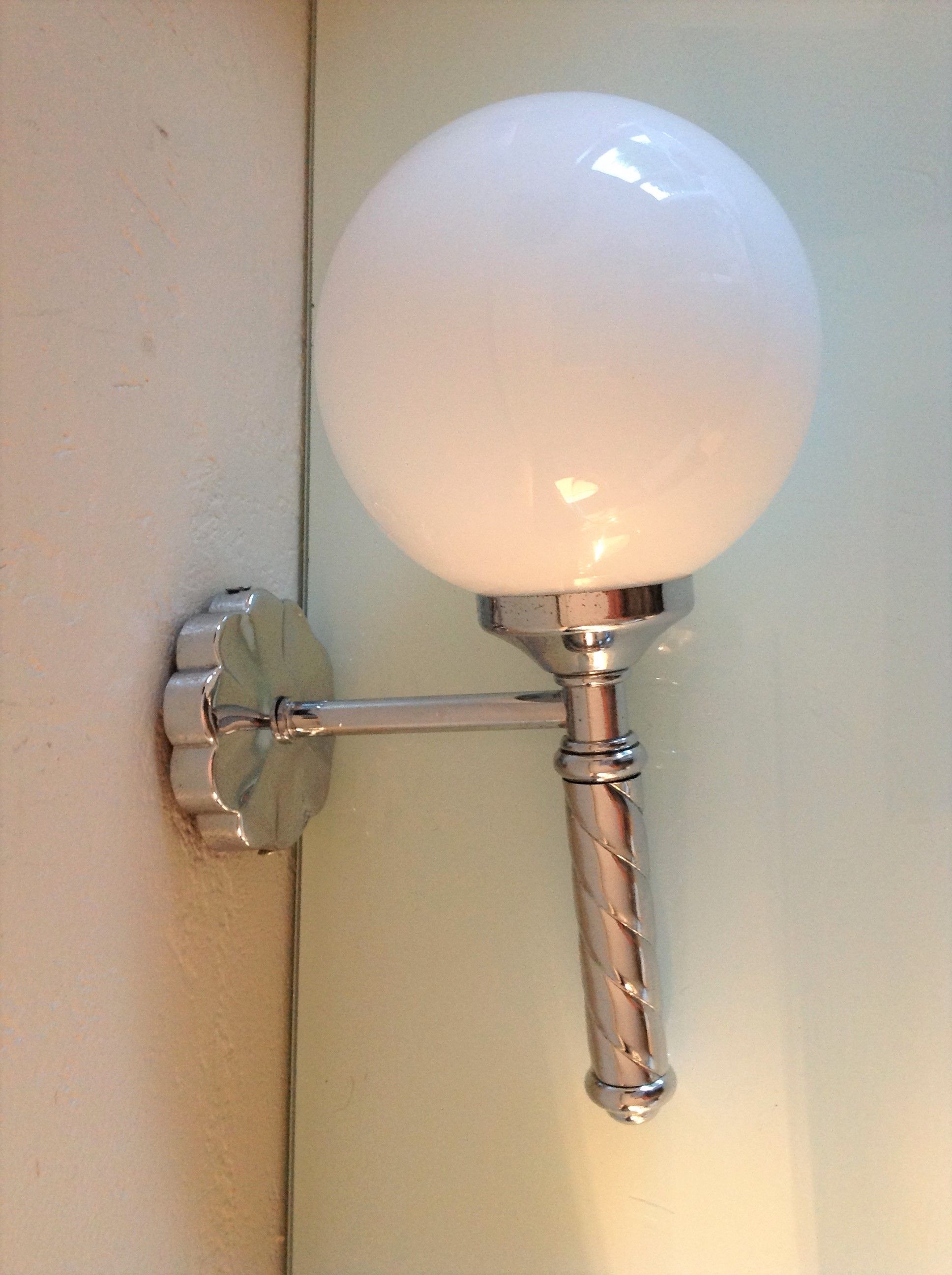 Pair of globe wall lamps in white opaline and chrome/vintage metal 70s
