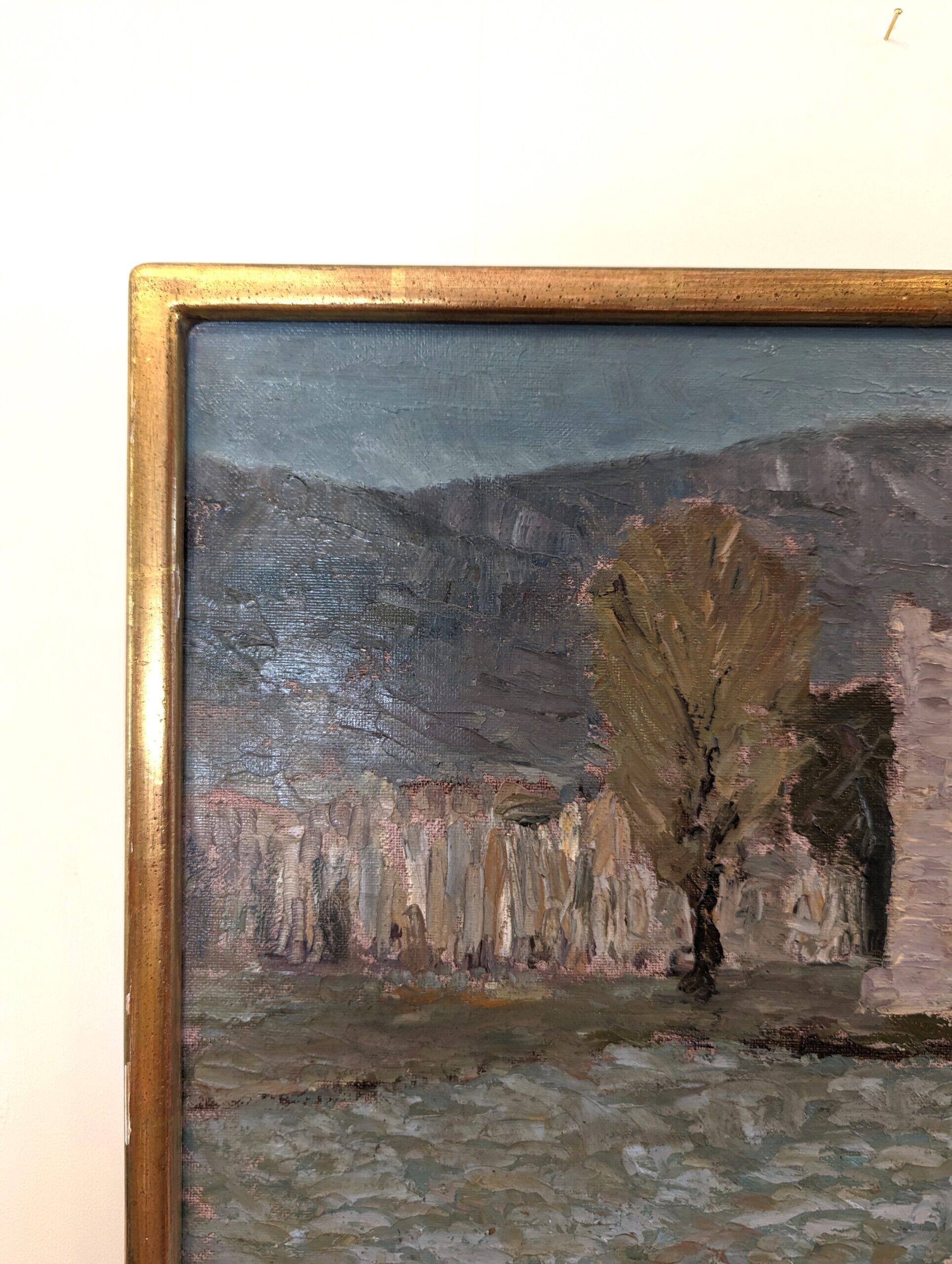Mid-Century Modern Swedish "Italian Valley" Vintage 1967 Oil Painting, Framed