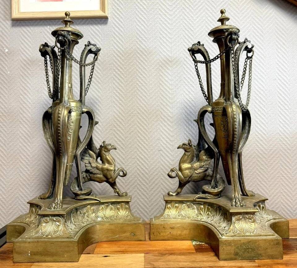 Pair of very large castle andirons in gilded bronze from the Napoleon III period