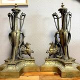 Pair of very large castle andirons in gilded bronze from the Napoleon III period
