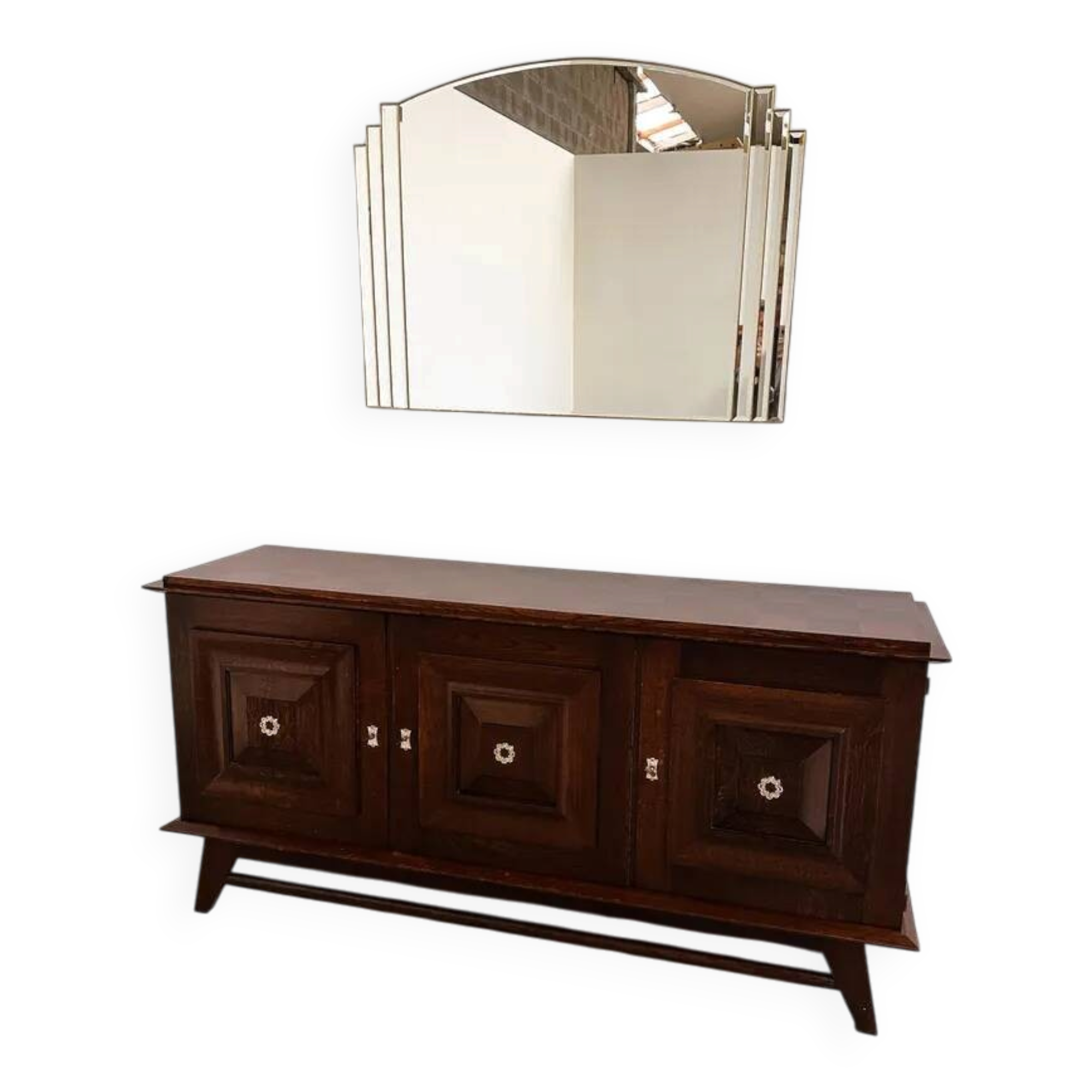 Vintage oak buffet in brutalist style with geometric panel doors, Belgium, 1960s