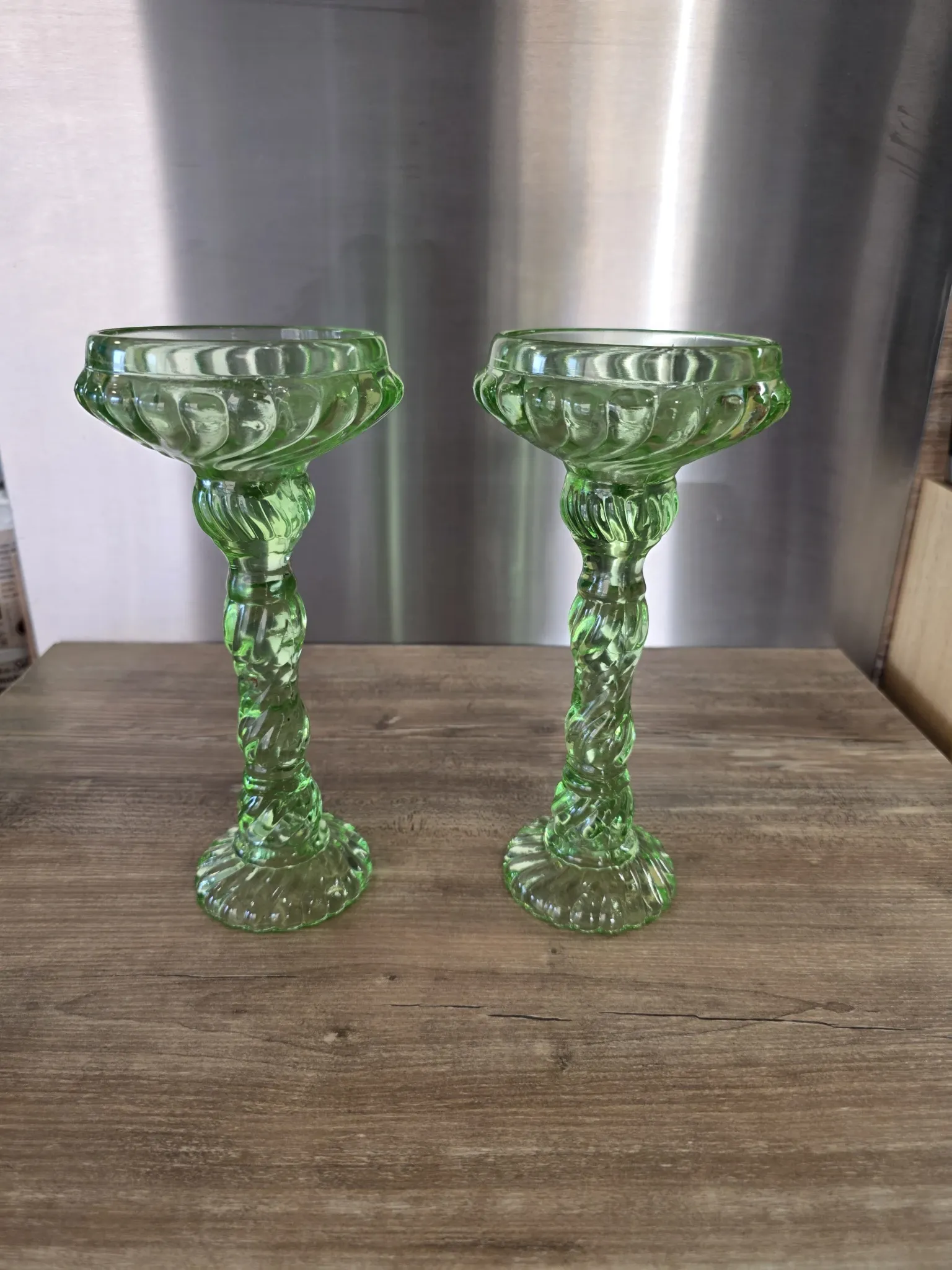 Pair of large Art Deco candlesticks / candle holders in moulded pressed glass.