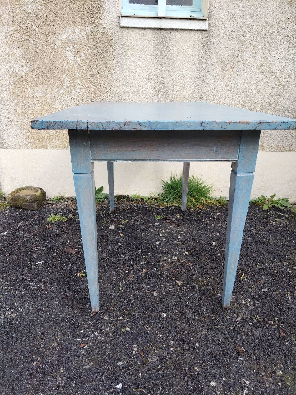 Antique table with spindle legs, patinated in celadon blue – solid wood – 19
