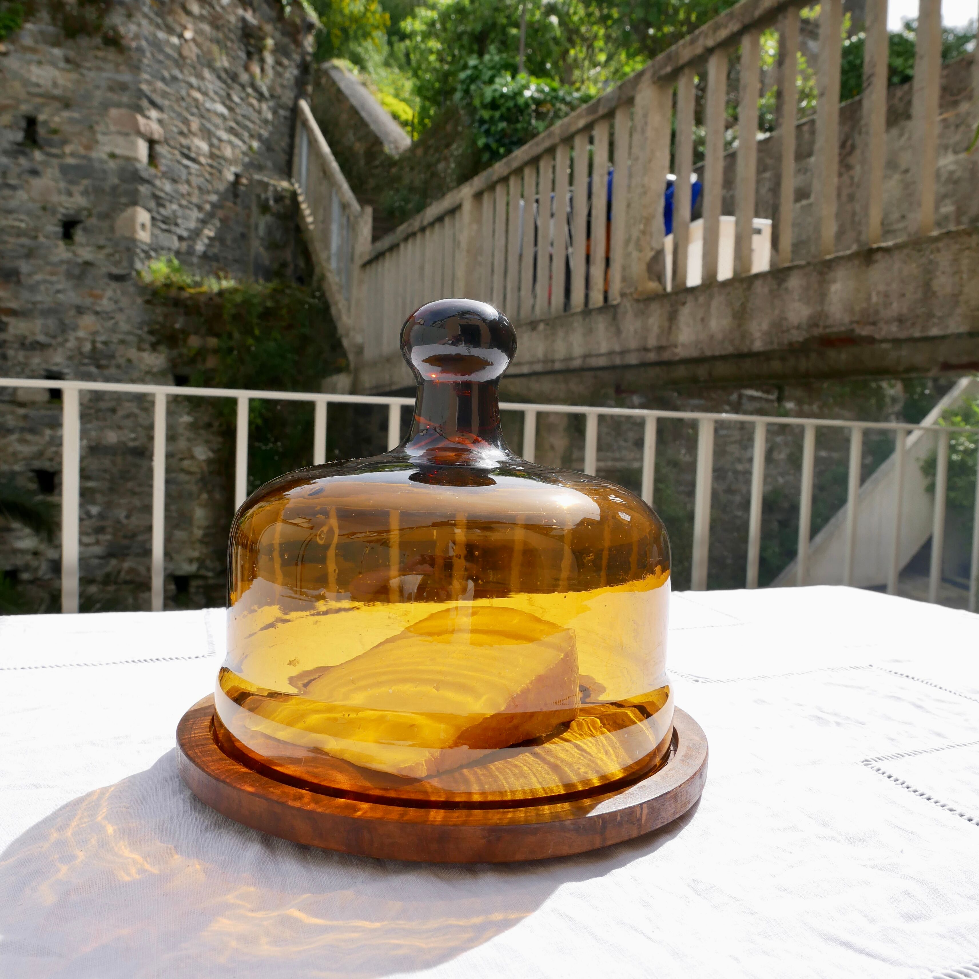 Glass cheese bell with wooden top