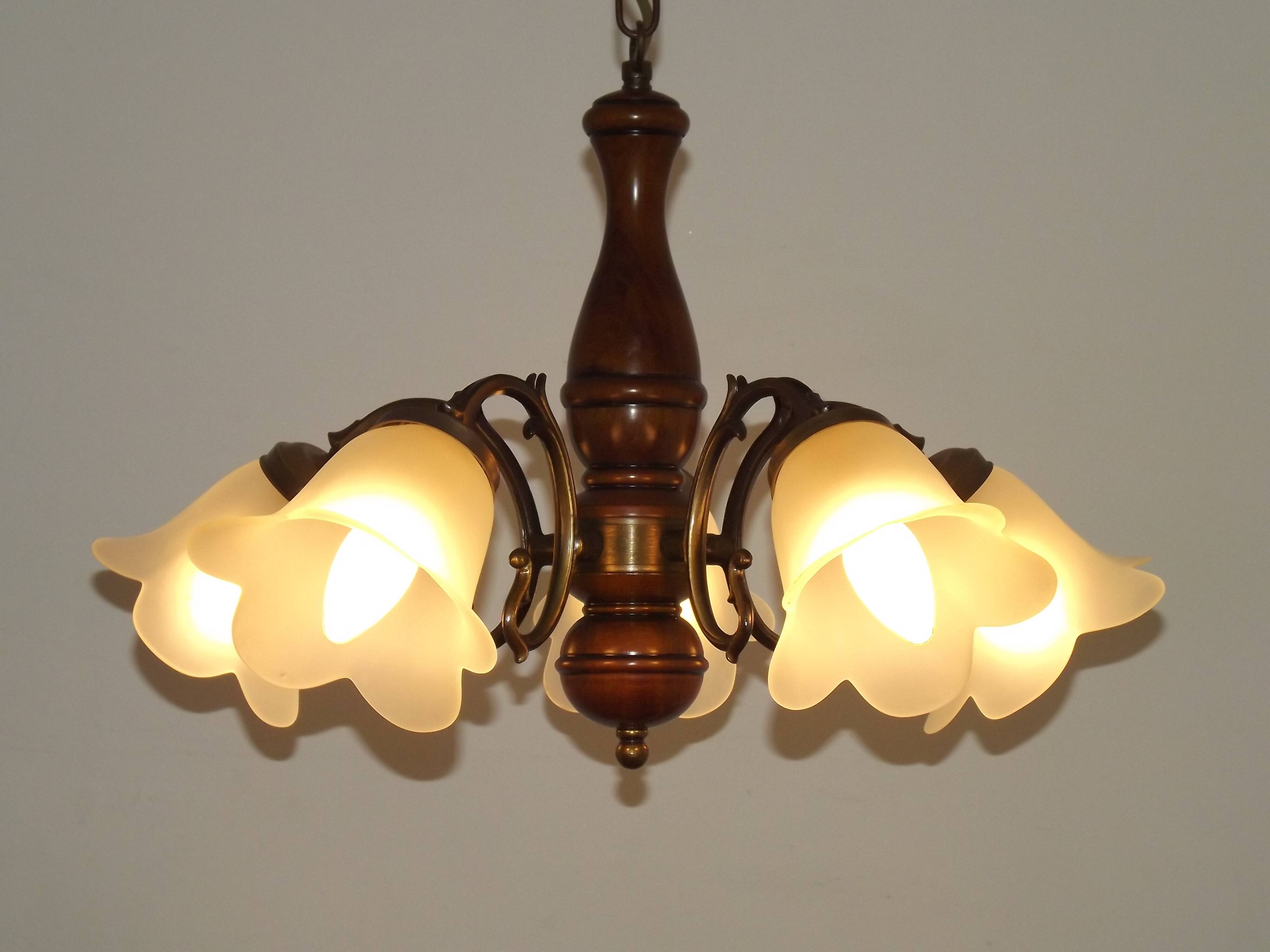 French Mid-Century Bronzed Metal & Wood 5-Light Chandelier with Glass Shades
