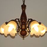 French Mid-Century Bronzed Metal & Wood 5-Light Chandelier with Glass Shades