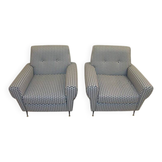 Midcentury Italian Armchairs with Optical Fabric and Brass, Circa 1950