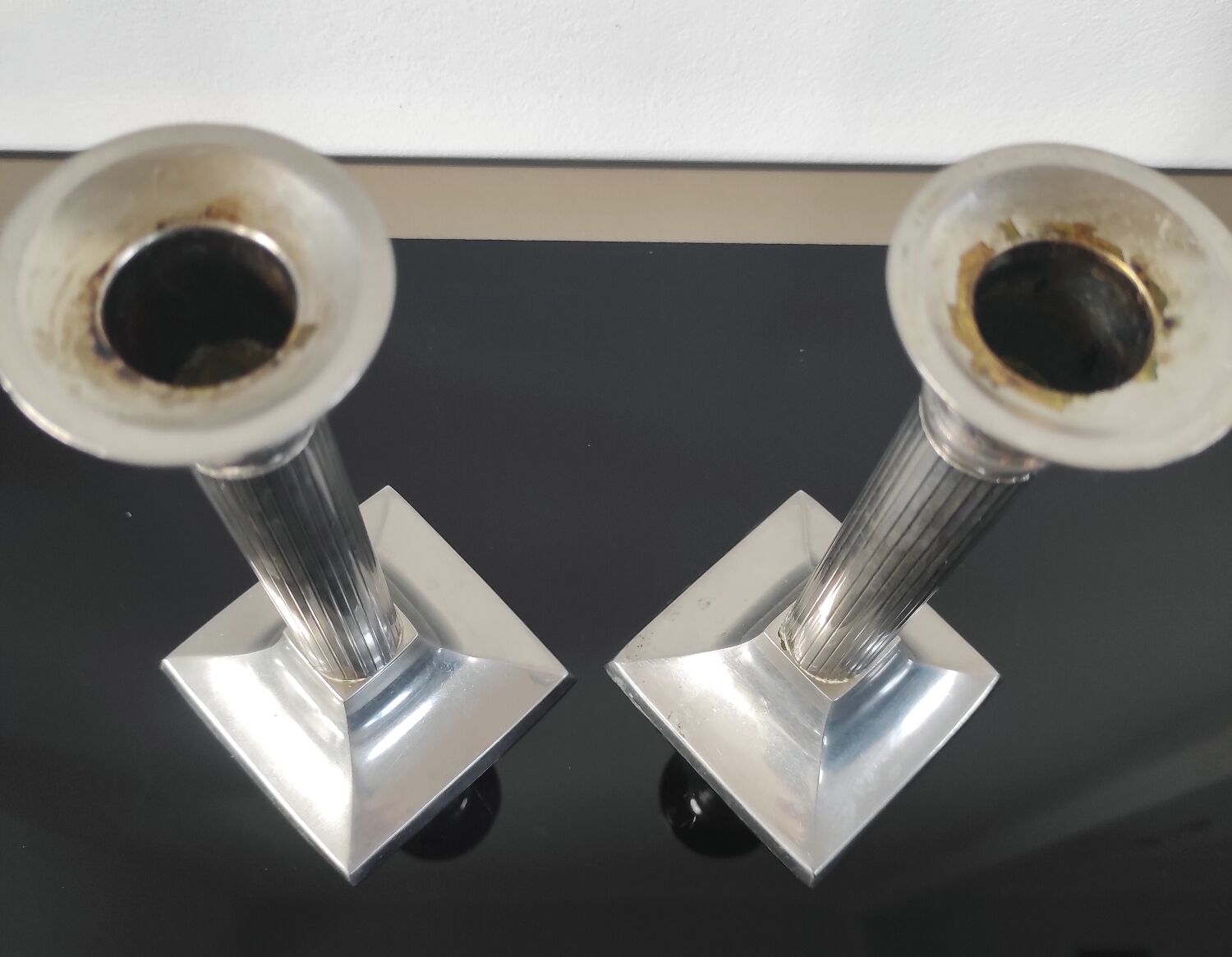 Pair of vintage silver column candlesticks