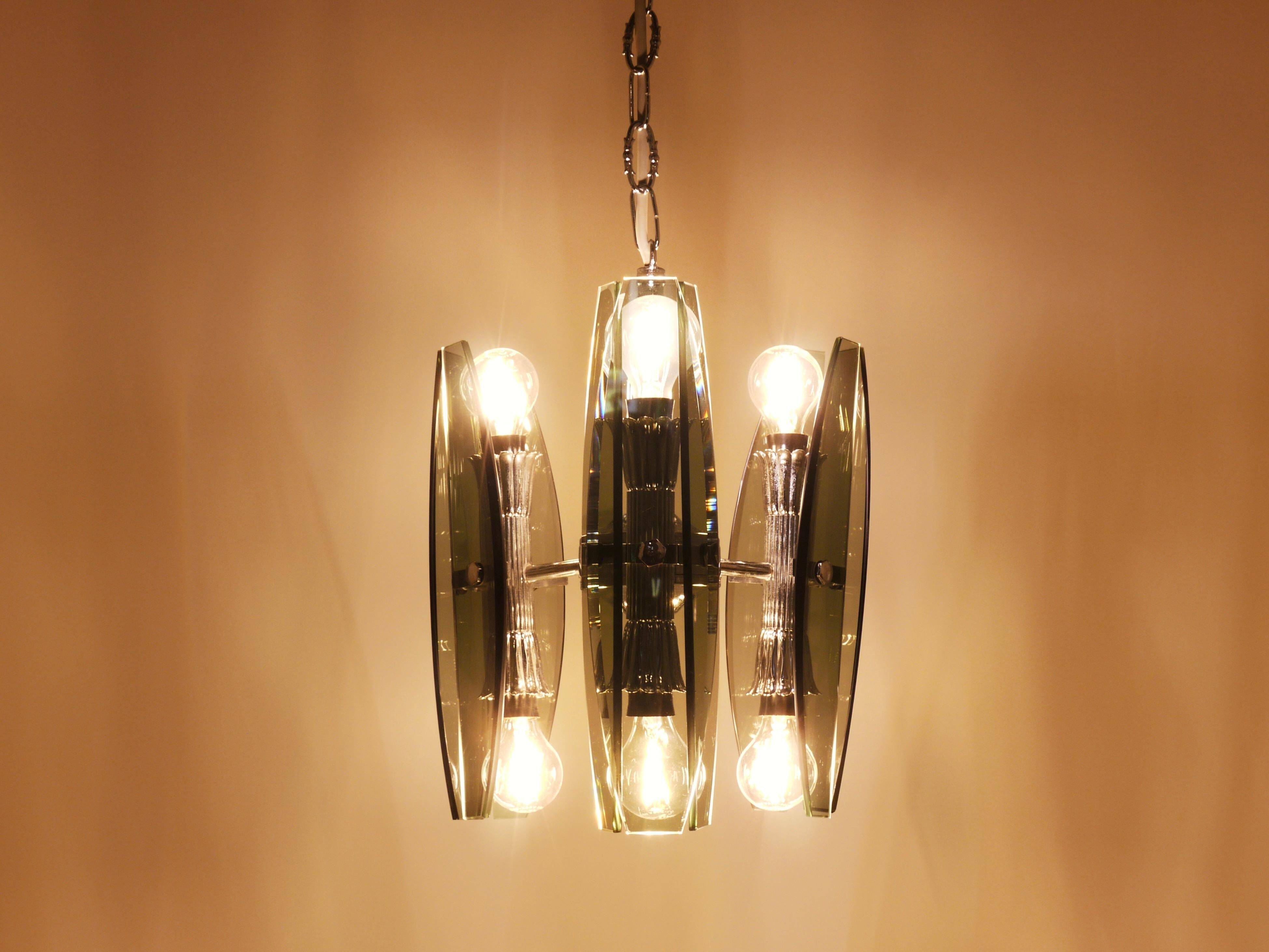 Glass and chrome suspension light in Fontana Arte style by Veca Murano, Italy.