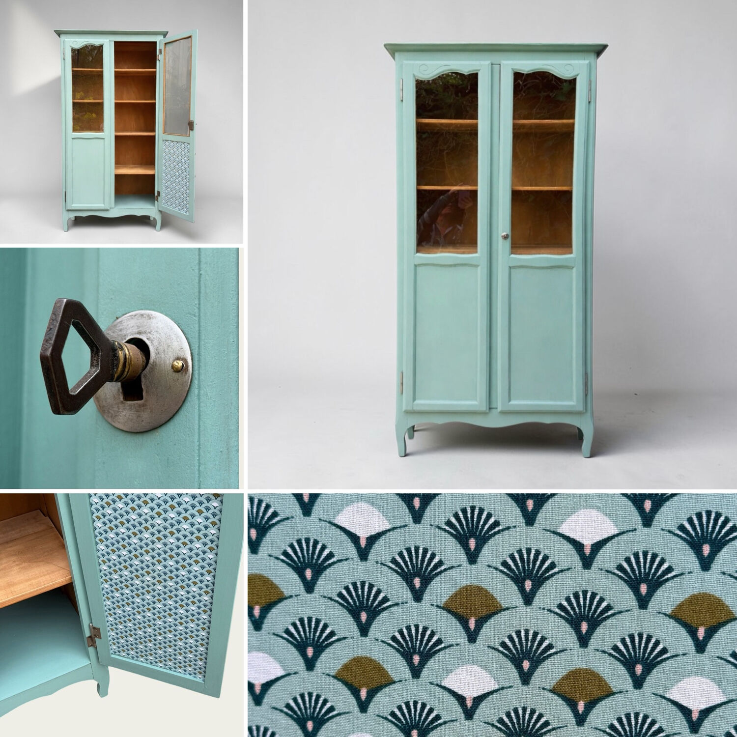 Vintage grey-green glass cabinet from the 1960s.