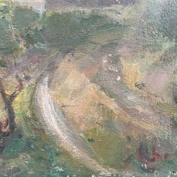 Tableau ancien paysage lac et montagne