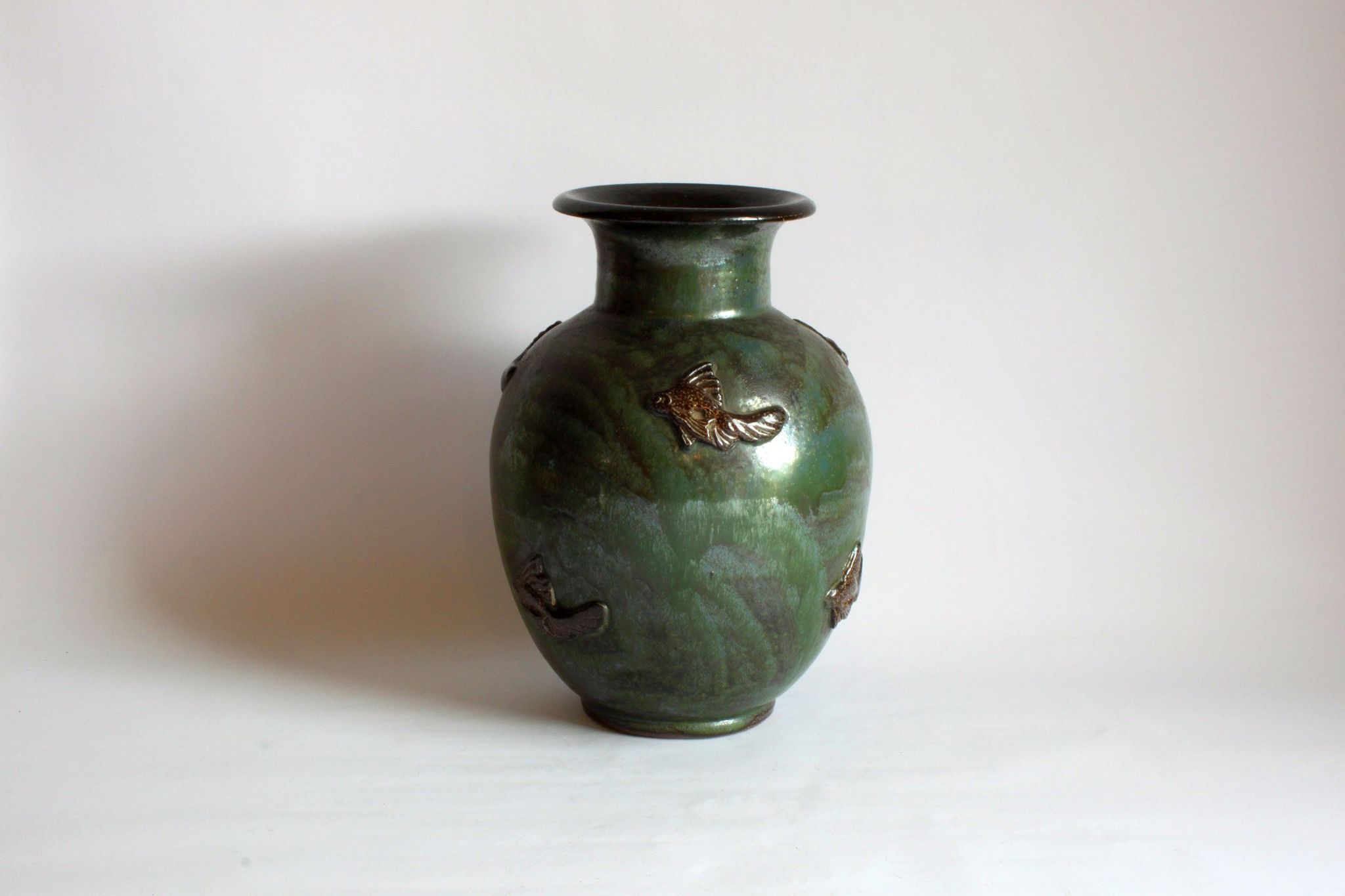 Art Deco Stoneware Vase with Fish Reliëf by Roger Guerin, Belgium, 1920s
