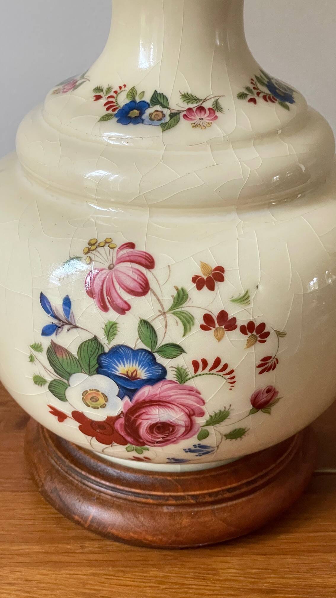 Vintage Ceramic Lamp with Wooden Base