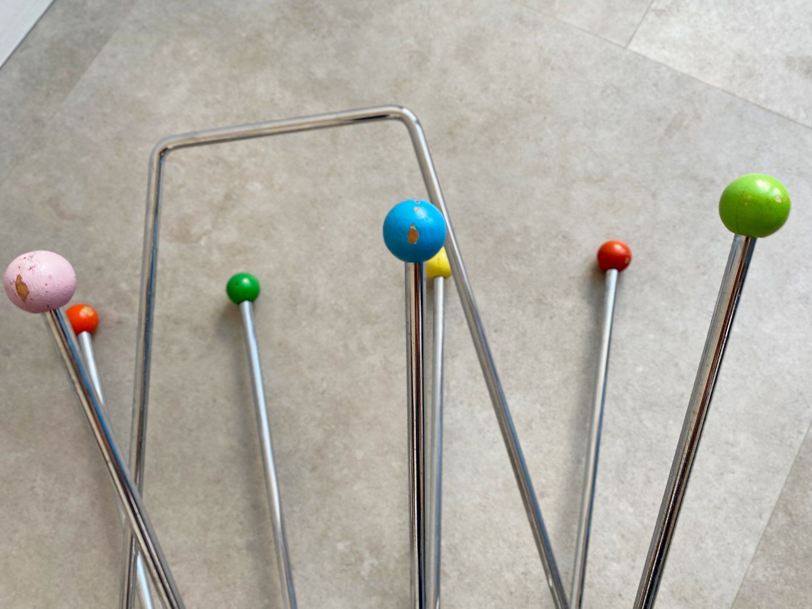 Colourful vintage chrome wire metal magazine rack, Mid Century atomic sputnik magazine stand