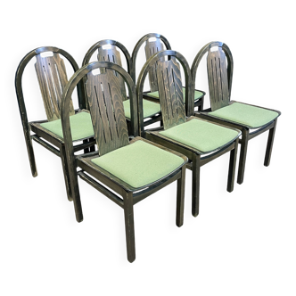 Ensemble de 6 chaises bistrot Baumann Argos bois et tissu vert années 80 France