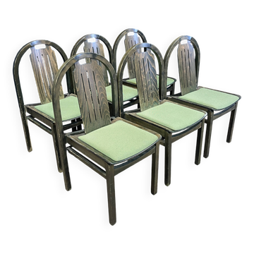 Set of 6 Baumann Argos bistro chairs in wood and green fabric from the 80s France