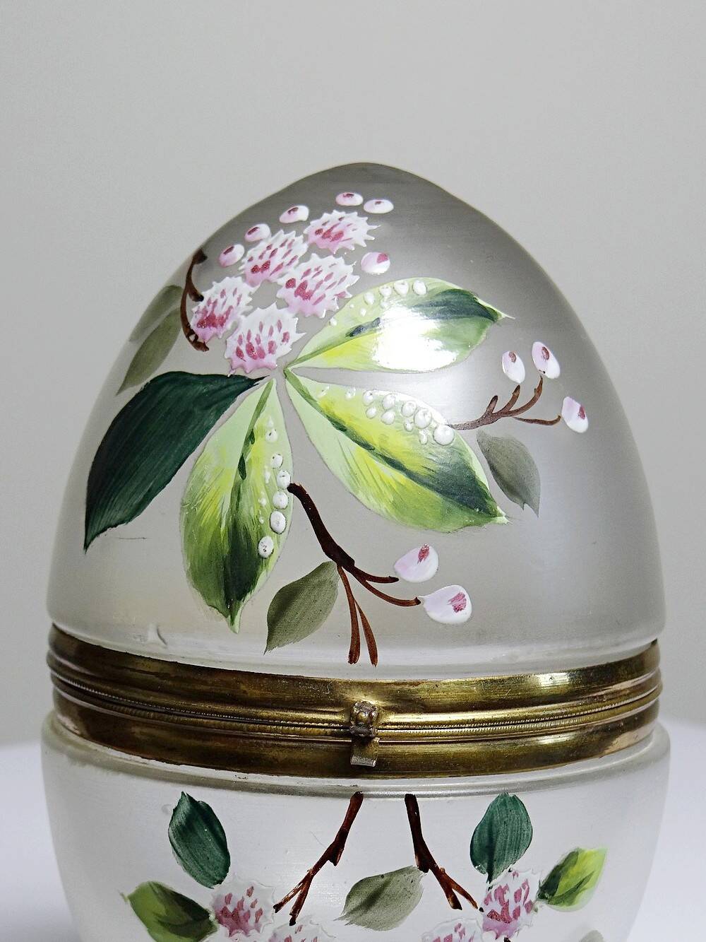Antique 19th-20th century frosted enamelled glass and brass egg box