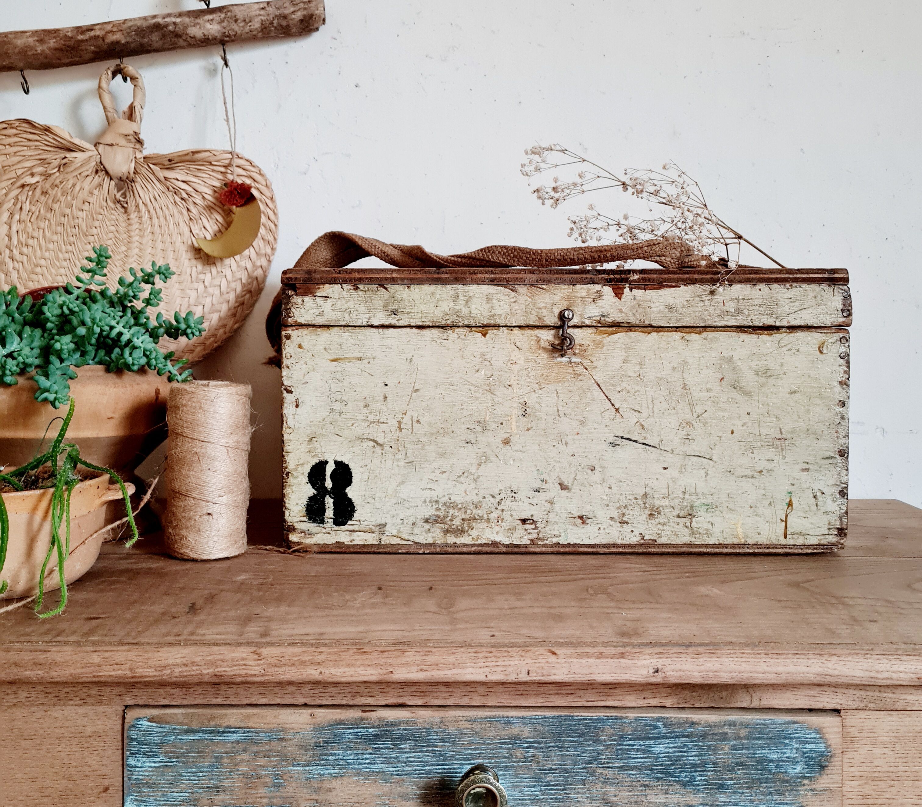 White patinated antique wooden chest