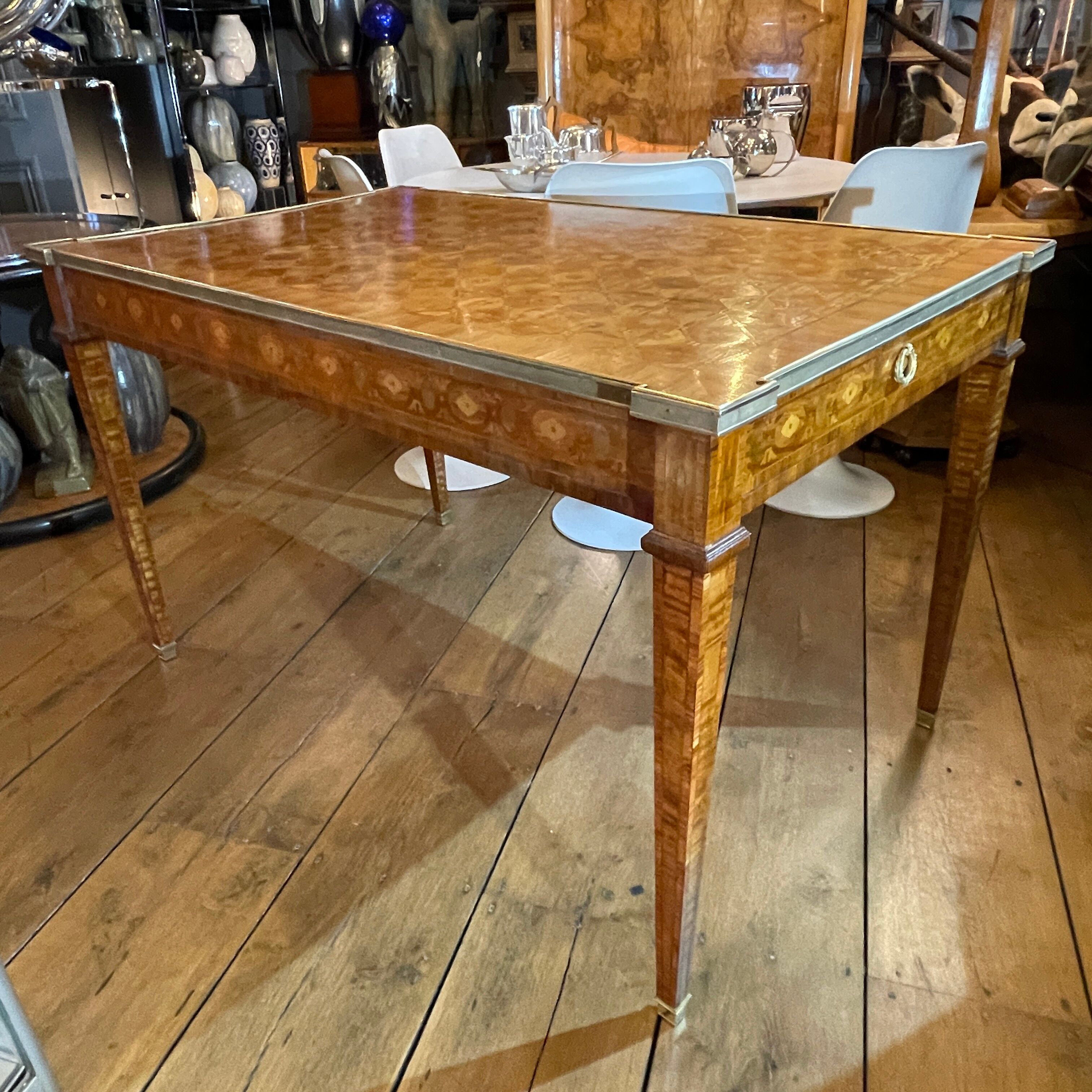 Louis XVI Directoire desk table richly inlaid, brass belt and 2 drawers, 19th century