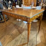 Louis XVI Directoire desk table richly inlaid, brass belt and 2 drawers, 19th century