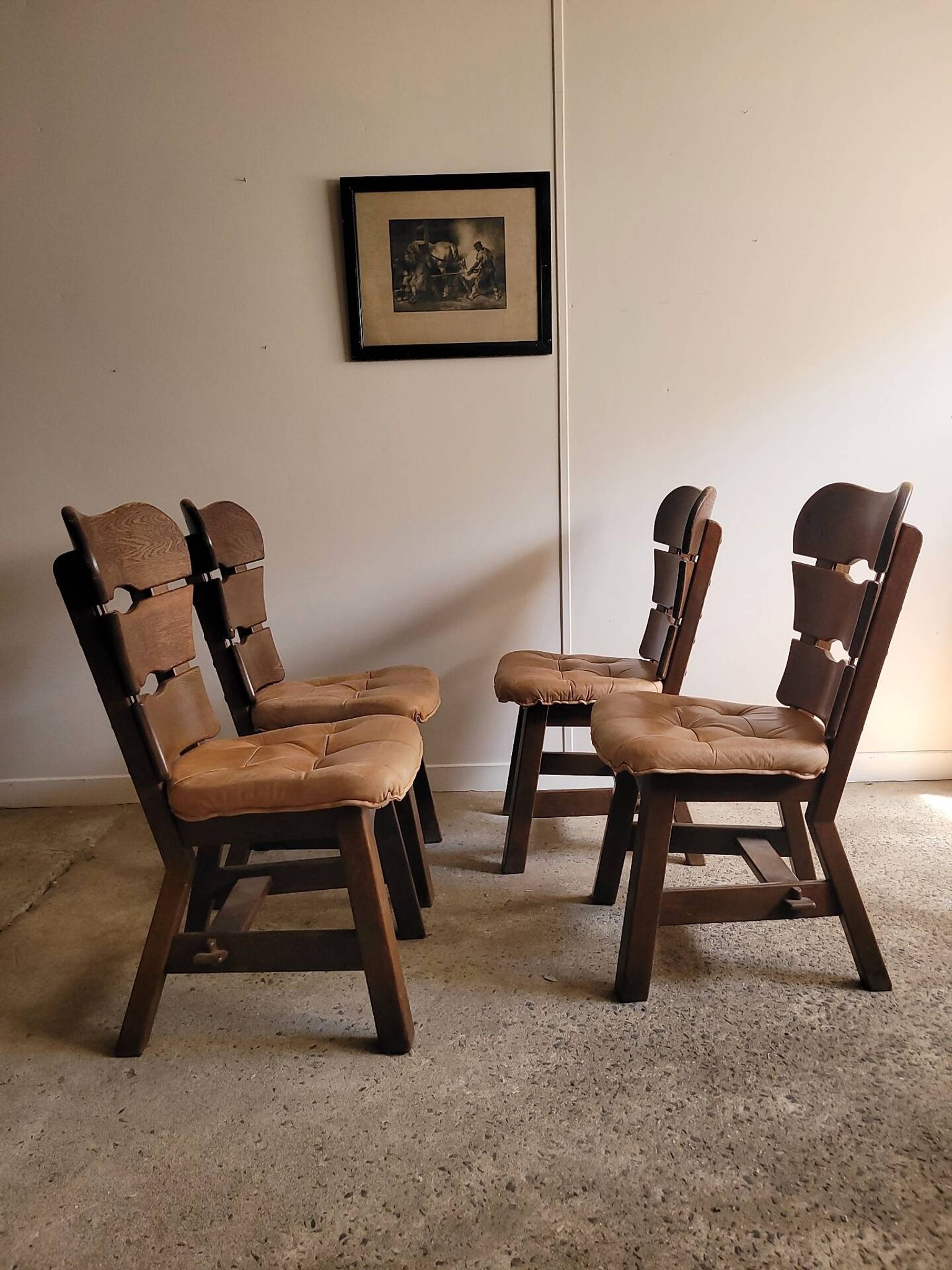 Set of 4 brutalist wooden chairs